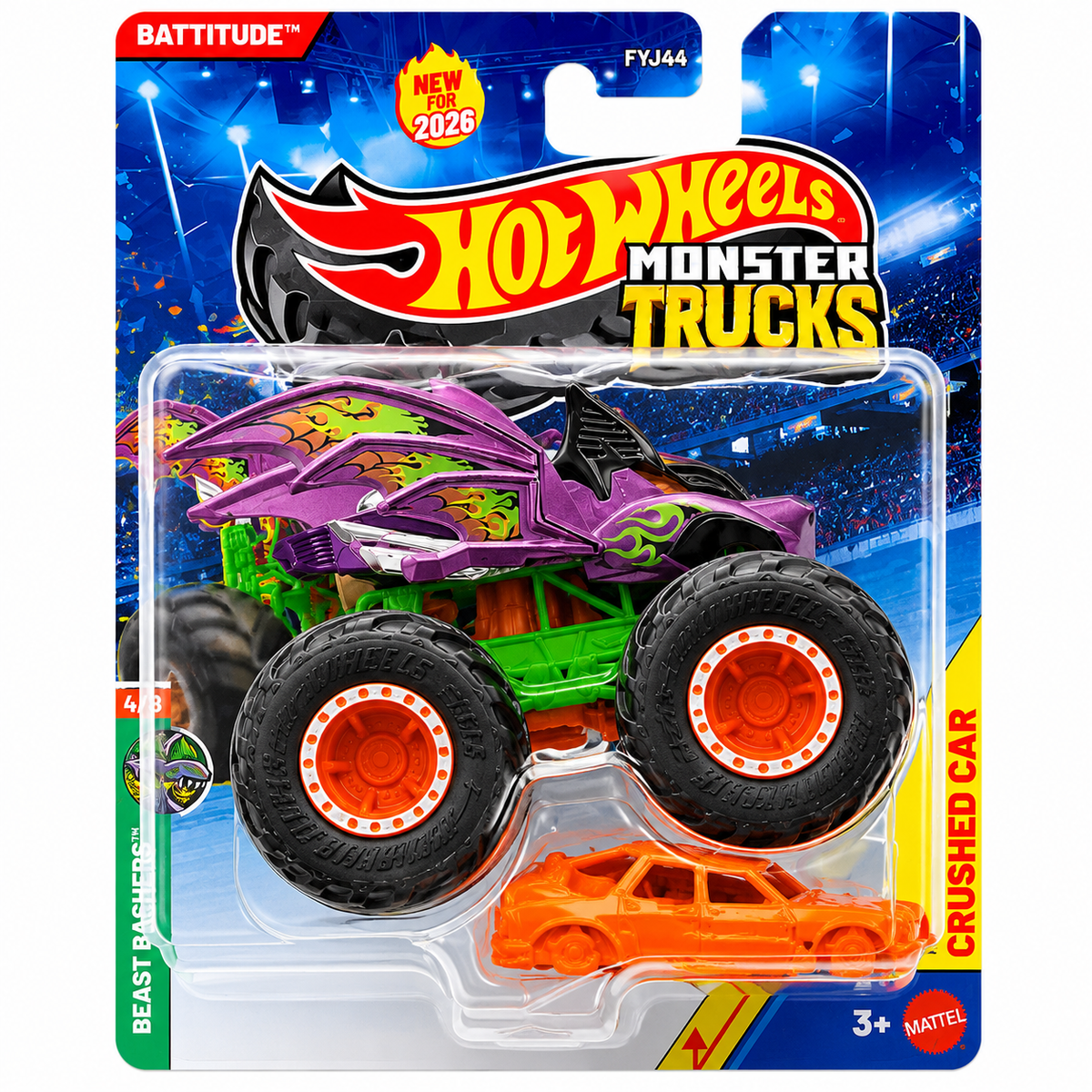 Hot Wheels 1:64 Scale Battitude Monster Trucks 2026 Diecast Truck with Crushable Car for Ages 3+ (JHY44)