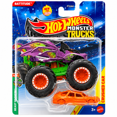 Hot Wheels 1:64 Scale Battitude Monster Trucks 2026 Diecast Truck with Crushable Car for Ages 3+ (JHY44)