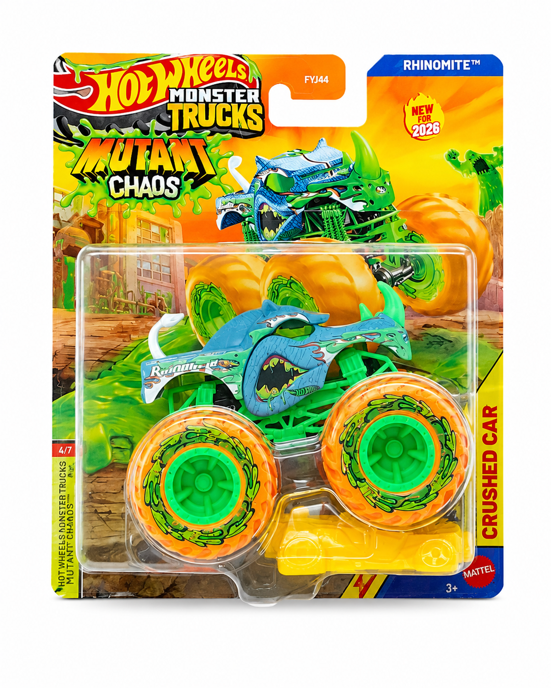 Hot Wheels 1:64 Scale Rhinomite Monster Trucks 2026 Diecast Truck with Crushable Car for Ages 3+ (JHY57)