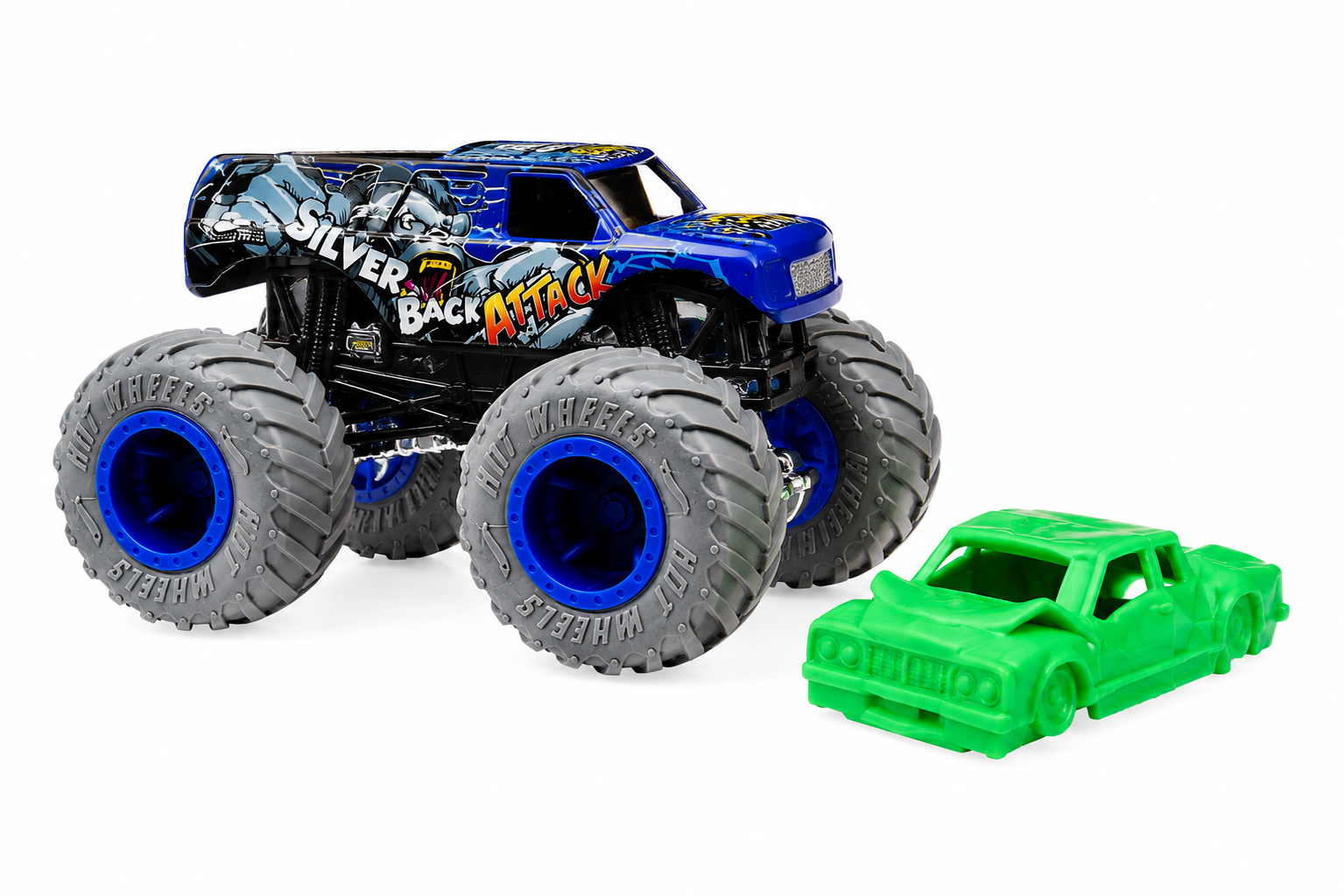 Hot Wheels 1:64 Scale Silver Back Attack Monster Trucks Diecast Truck with Crushable Car for Ages 3+ (JHY67)