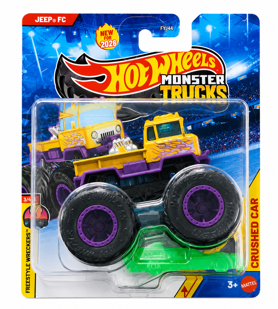 Hot Wheels 1:64 Scale Jeep FC Monster Trucks 2026 Diecast Truck with Crushable Car for Ages 3+ (JHY72)