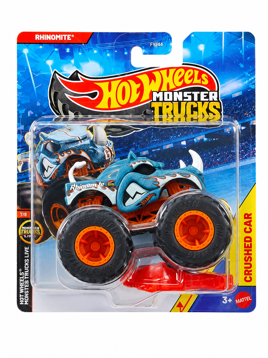 Hot Wheels 1:64 Scale Rhinomite Monster Trucks Diecast Truck with Crushable Car for Ages 3+ (JHY57)