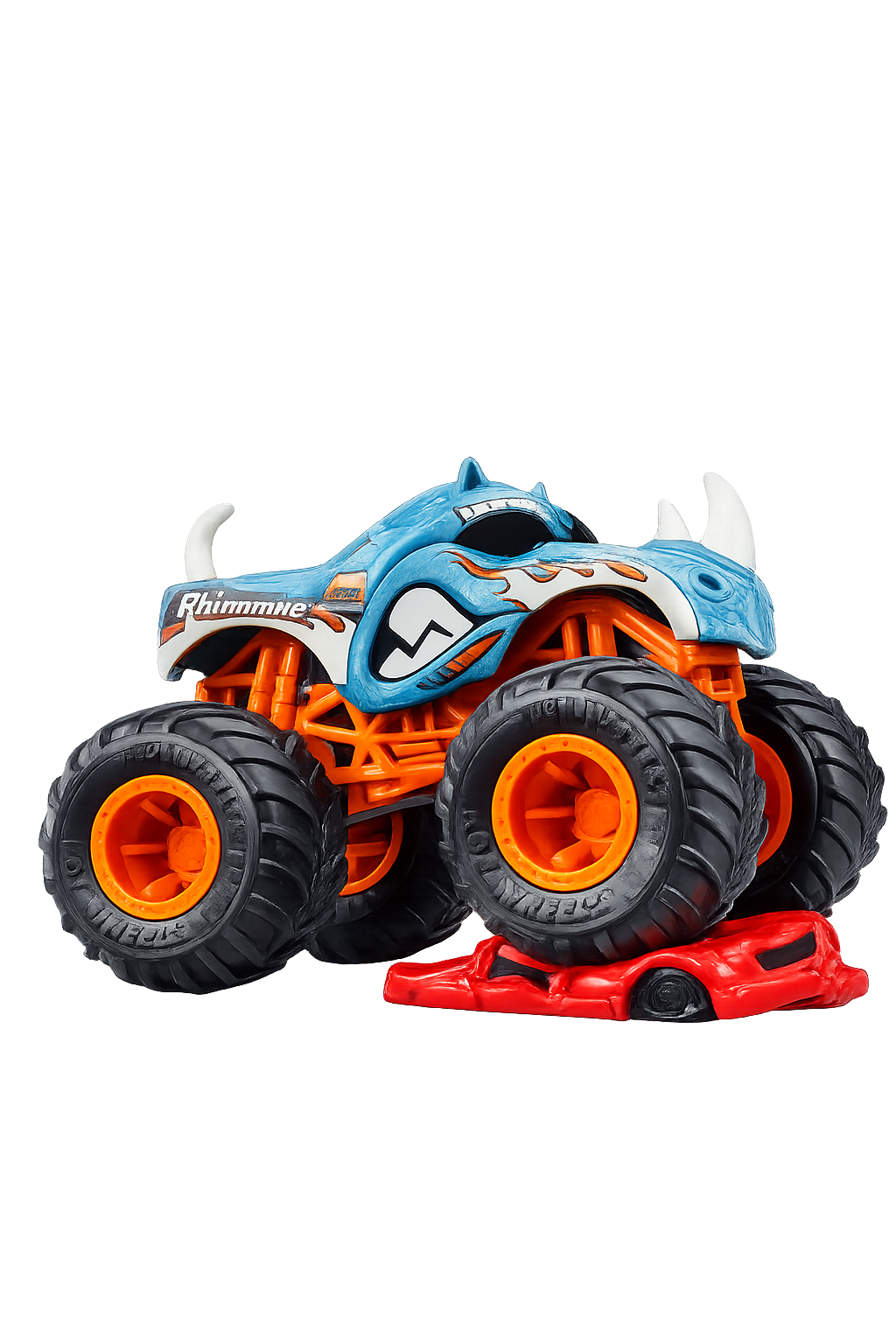 Hot Wheels 1:64 Scale Rhinomite Monster Trucks Diecast Truck with Crushable Car for Ages 3+ (JHY57)