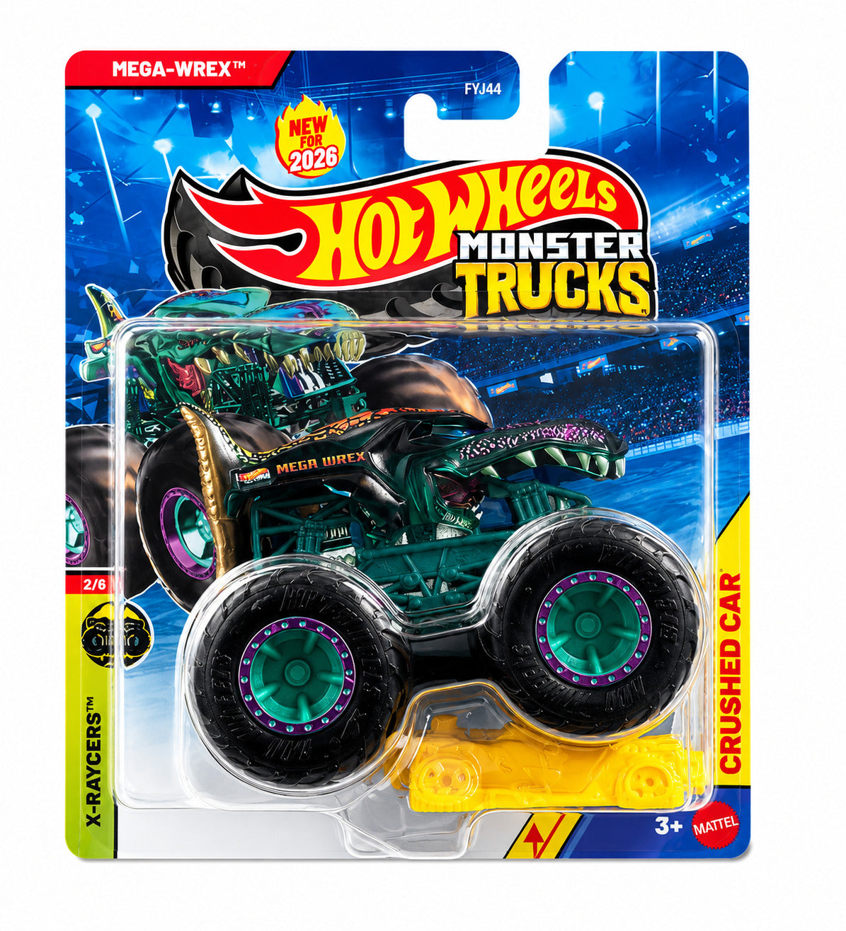 Hot Wheels 1:64 Scale Mega-Wrex 2026 Monster Trucks Diecast Truck with Crushable Car for Ages 3+ (JHY33)