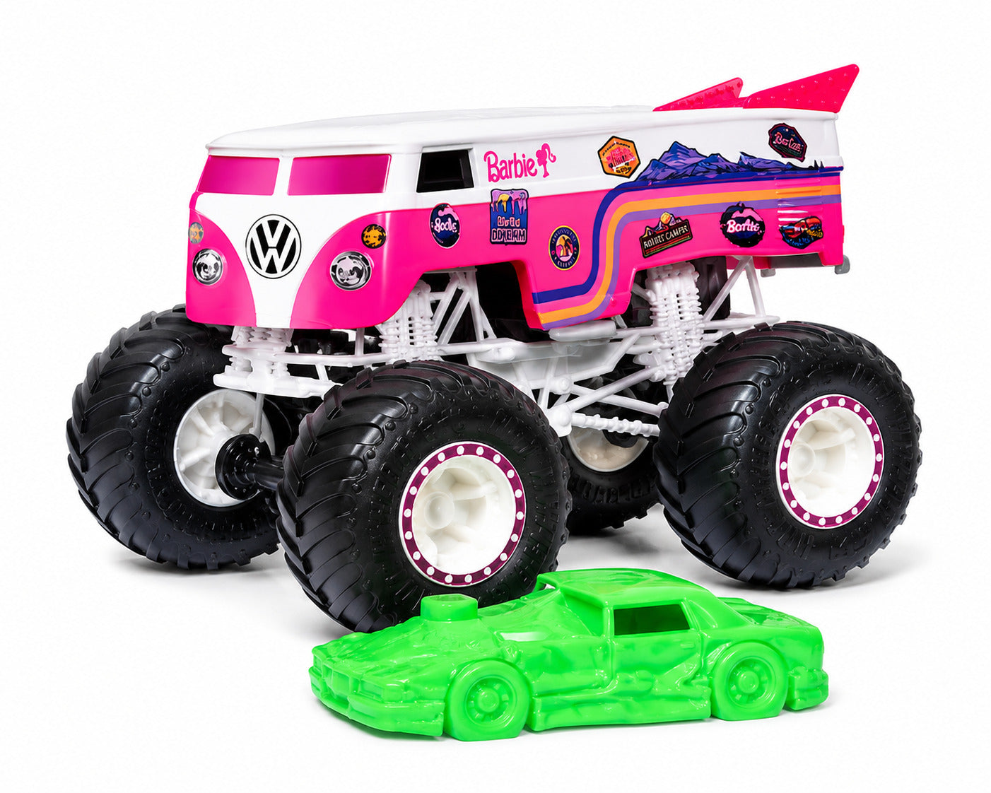 Hot Wheels 1:64 Scale Barbie Volkswagen Drag Bus 2026 Monster Trucks Diecast Truck with Crushable Car for Ages 3+ (JHY73)