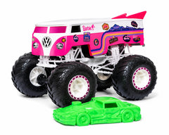 Hot Wheels 1:64 Scale Barbie Volkswagen Drag Bus 2026 Monster Trucks Diecast Truck with Crushable Car for Ages 3+ (JHY73)