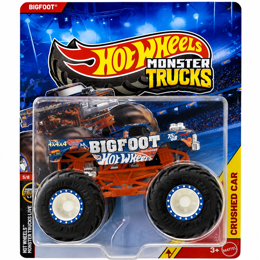 Hot Wheels 1:64 Scale Bigfoot Monster Trucks Diecast Truck with Crushable Car for Ages 3+ (JKJ94)