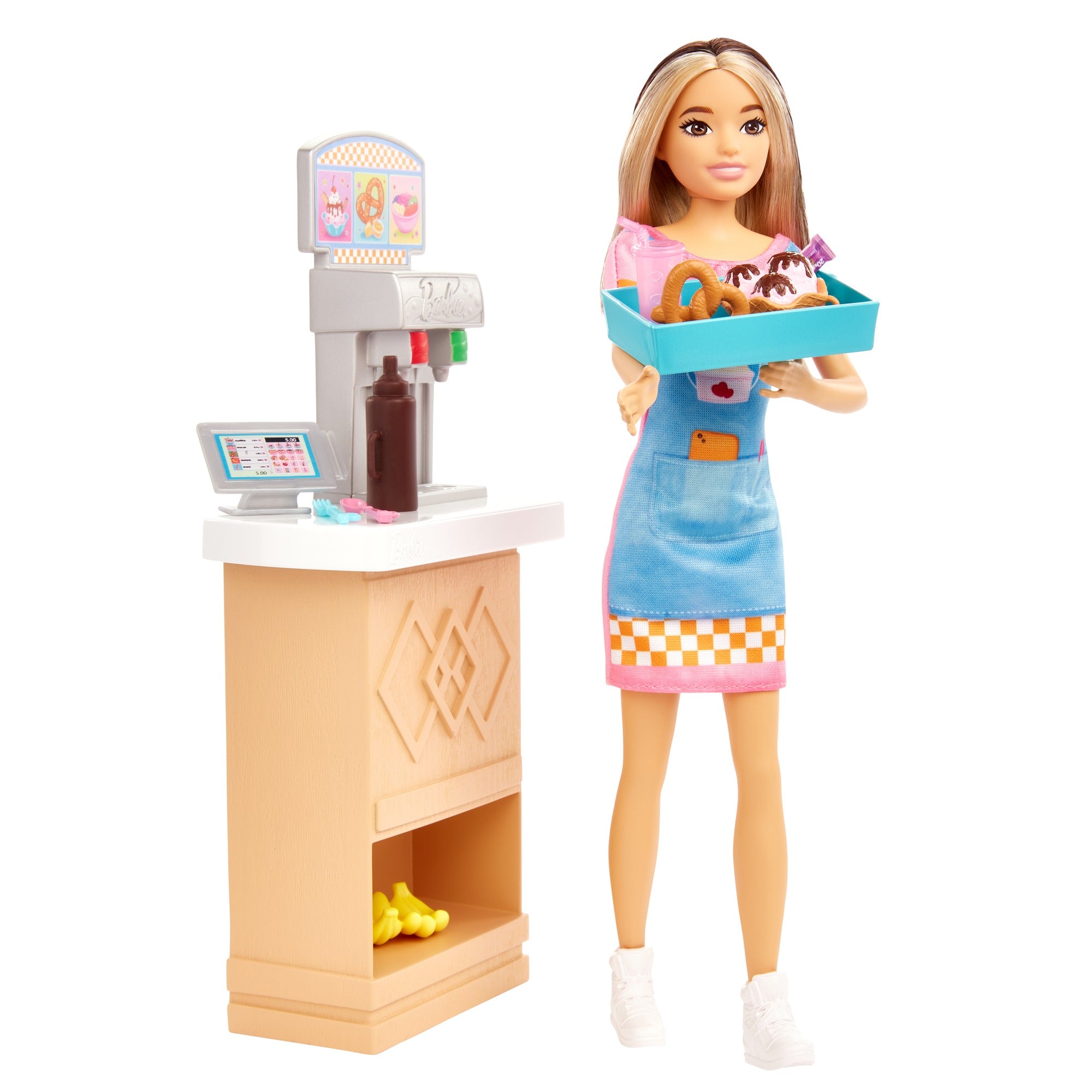 Barbie Skipper Doll and Snack Bar Playset with Counter, Color-Change Sundae and 8 Additional Accessories for Kids Ages 3+