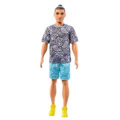 Barbie Ken Fashionistas with Brown Hair in Bun Doll Wearing Paisley Tee and Shorts #204 for Kids Ages 3+