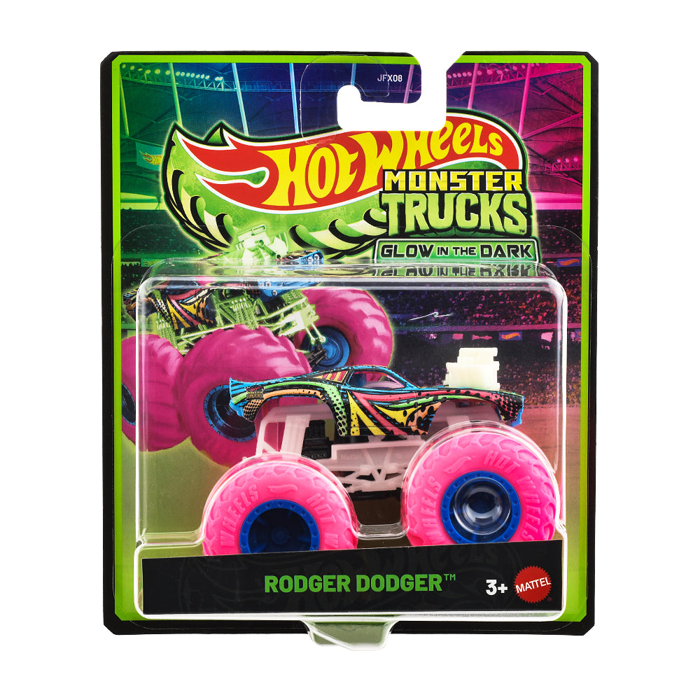 Hot Wheels 1:64 Scale Monster Trucks Glow-in-the-Dark Rodger Dodger Toy Truck for Ages 3+
