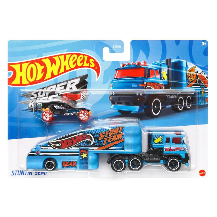 Hot Wheels Super Rigs Stuntin' Semi With 1 Hot Wheels 1:64 Scale Car for Ages 3 Years Old&Up (GBF16)