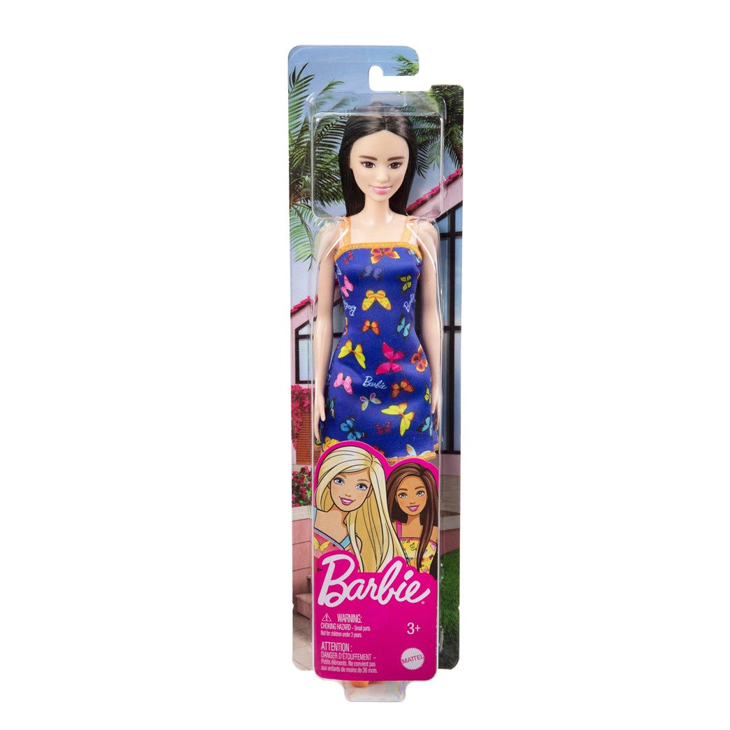 Barbie With Colorful Butterfly And Barbie Logo Print Dress & Strappy Heels - Blue