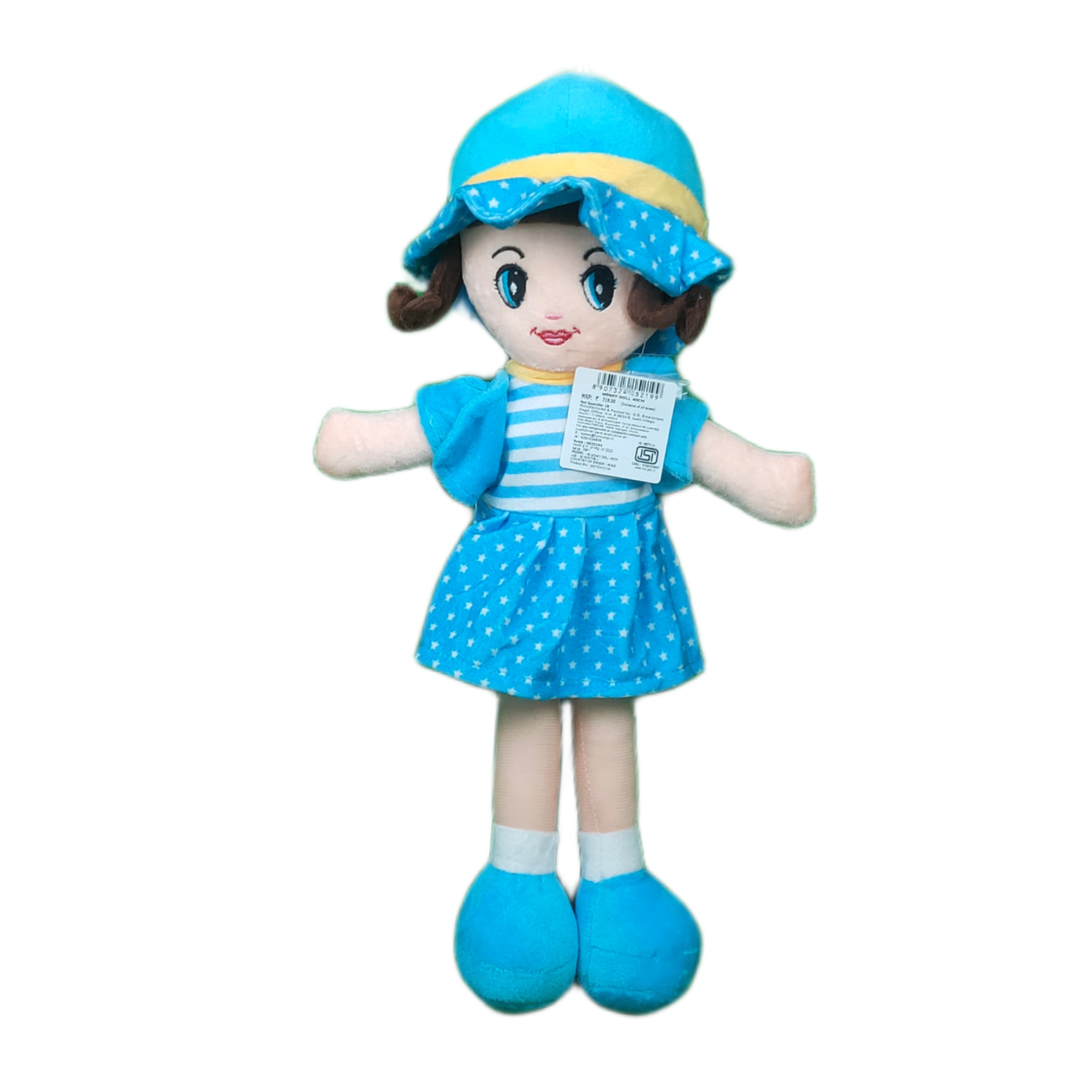 Play Hour Winky Rag Doll Plush Soft Toy Wearing Sky Dress for Ages 3 Years and Up, 40cm