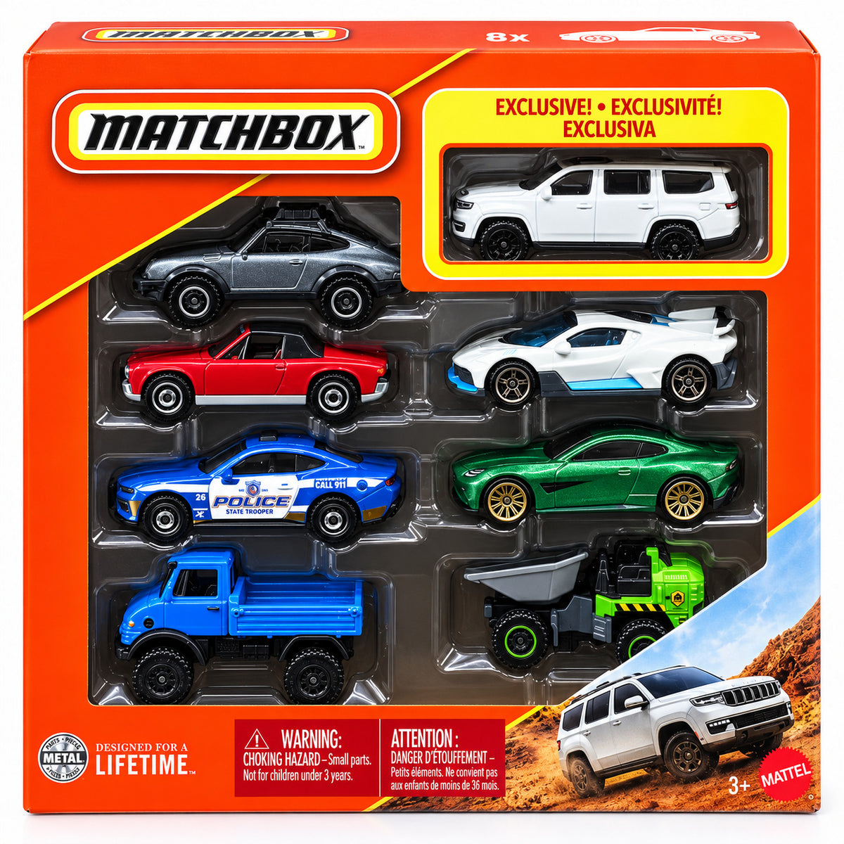 Matchbox 8-Pack Die-Cast Vehicle Gift Set with 1 Exclusive SUV – Assorted Sports Cars, Police Car, Trucks & Construction Vehicles