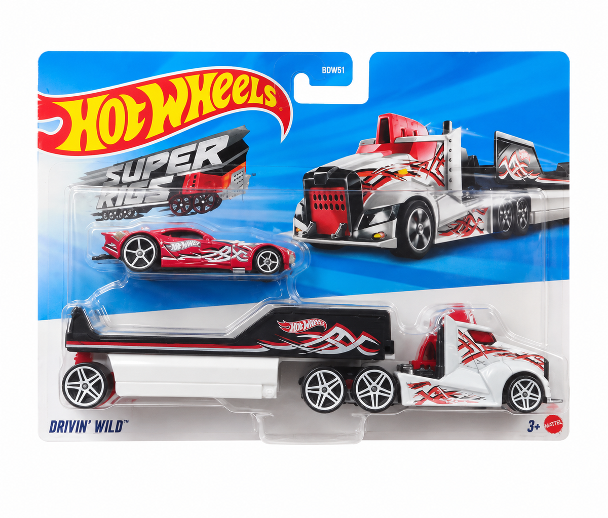 Hot Wheels Super Rigs Drivin Wild With 1 Hot Wheels 1:64 Scale Car for Ages 3 Years Old&Up (BDW63)