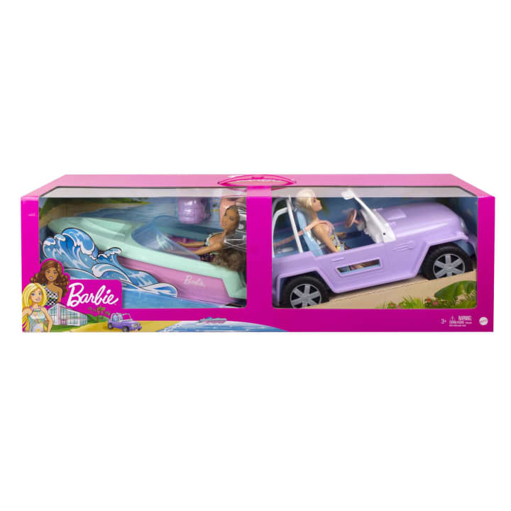 Barbie Off Road Vehicles & Floating Boat 2 Pack Giftset with 2 Dolls & Accessories for Kids Ages 3 Years & Up