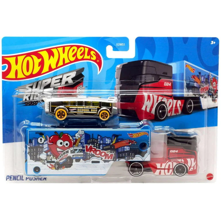 Hot Wheels Super Rigs Pencil Pusher With 1 Hot Wheels 1:64 Scale Bus for Ages 3 Years Old&Up (HXN90)
