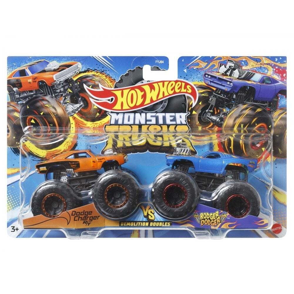 Hot Wheels Monster Trucks 1:64 Scale Demo Doubles 2 Pack Collection, Dodge Charger R/T Vs Rodger Dodger