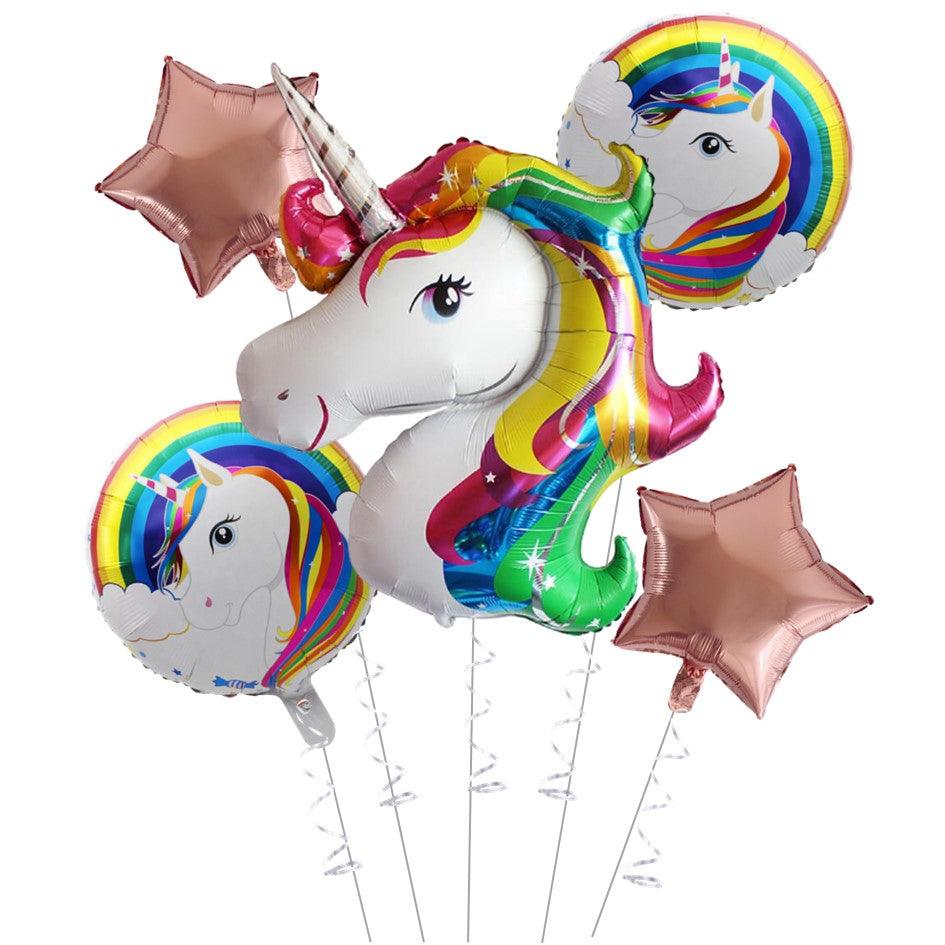 PartyCorp Unicorn Theme Rainbow Color Foil Balloon Bouquet, Birthday Decoration Set for Girls, DIY Pack of 5