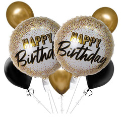 PartyCorp Happy Birthday Gold and Black Glitter Balloon Bouquet, Birthday Decoration Set for Boys, Girls and Adults, DIY Pack of 7