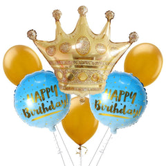 PartyCorp Happy Birthday Crown Gold and Blue Balloon Bouquet, Birthday Decoration Set for Boys, Girls and Adults, DIY Pack of 6
