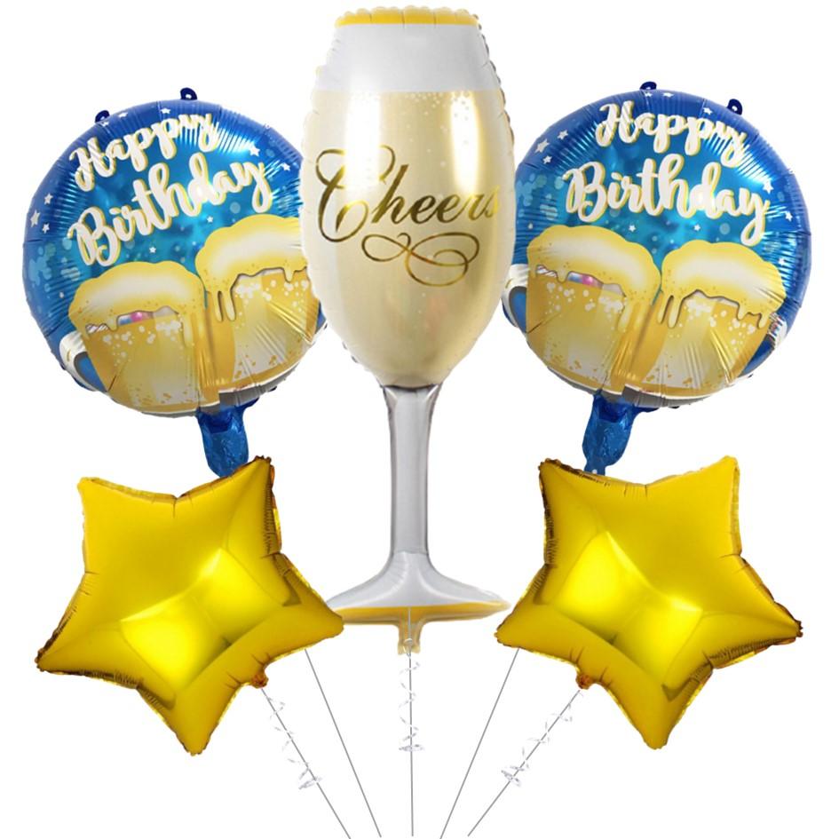 PartyCorp Happy Birthday Champagne Glass Cheers and Stars Gold and Blue Balloon Bouquet, Birthday Decoration Set for Adults, DIY Pack of 5