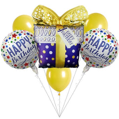 PartyCorp Happy Birthday Gift Box Gold and White Stars Balloon Bouquet, Birthday Decoration Set for Boys, Girls and Adults, DIY Pack of 6