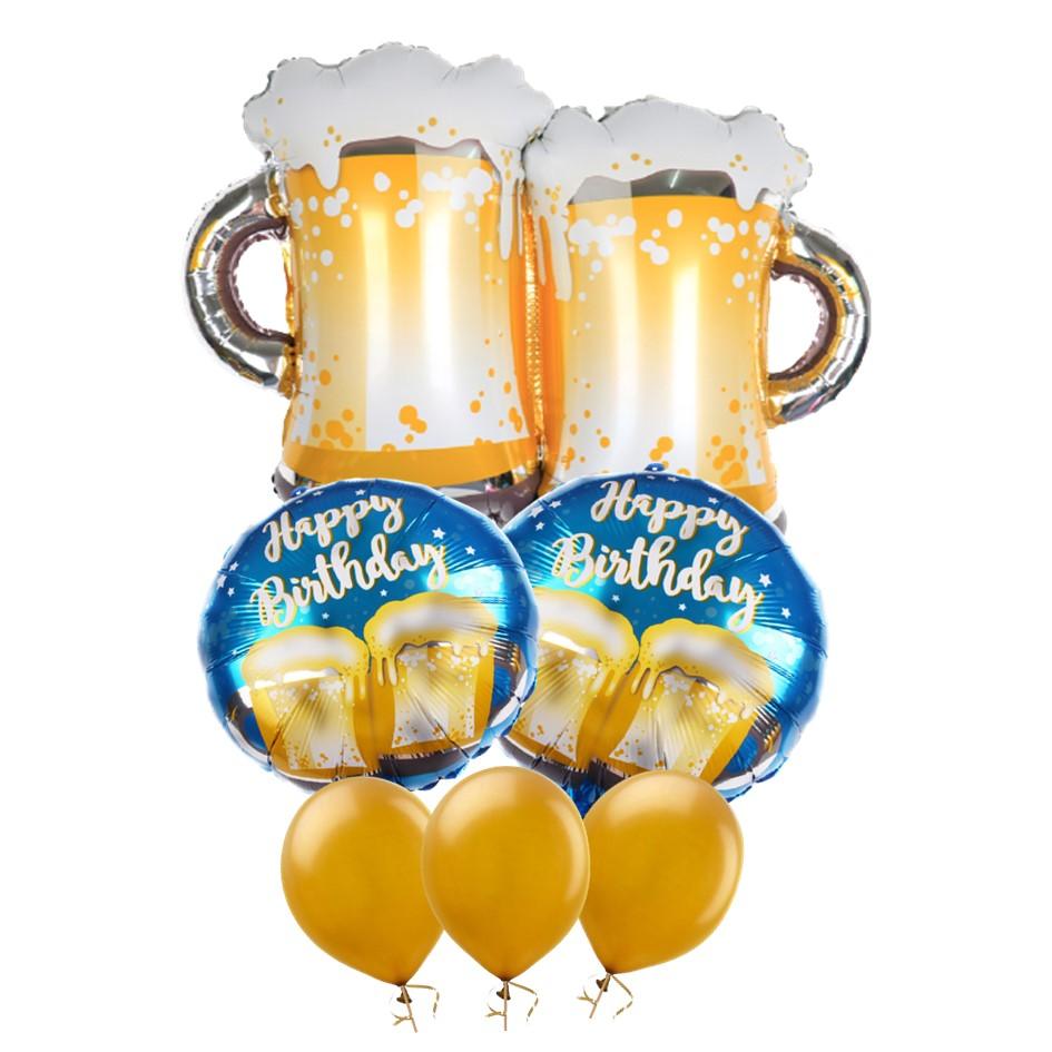PartyCorp Happy Birthday Beer Mug Gold and Blue Balloon Bouquet, Birthday Decoration Set for Adults, DIY Pack of 6