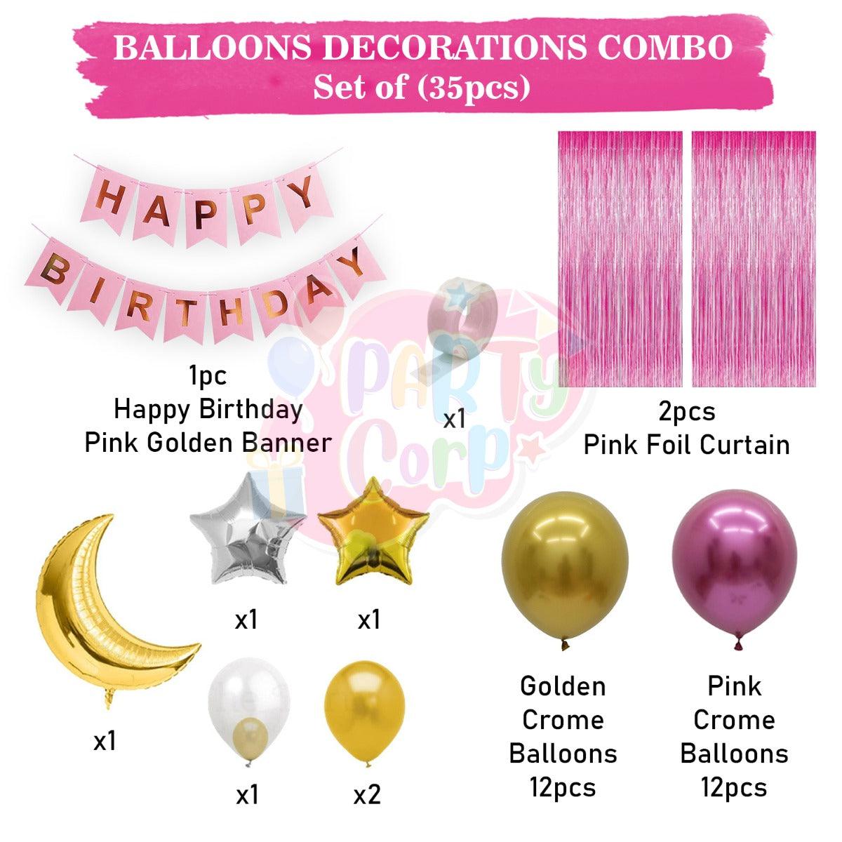 PartyCorp Happy Birthday Decoration Kit Combo 35 Pcs - Pink & Gold Chrome Balloons, Pink & Gold Happy Birthday Banner, Pink Curtain, Moon & Star Foil Balloon Bouquet