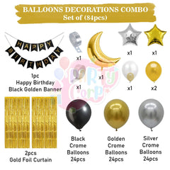 PartyCorp Happy Birthday Decoration Kit Combo 84 Pcs - Gold, Black & Silver Chrome Balloons, Black & Gold Happy Birthday Banner, Gold Curtain, Moon & Star Foil Balloon Bouquet