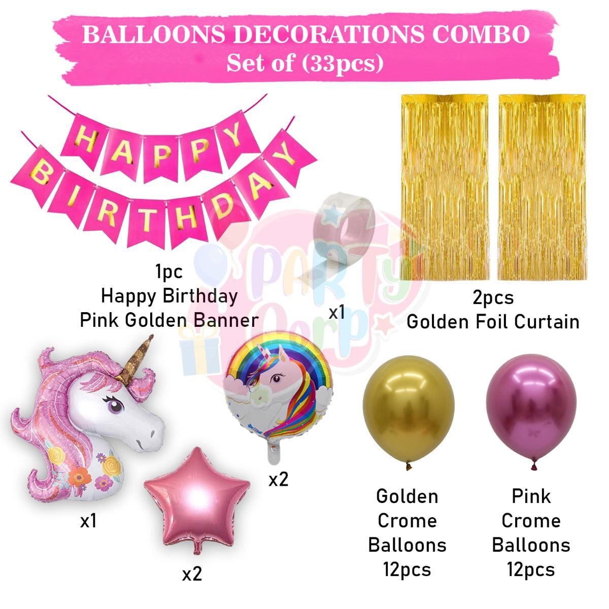 PartyCorp Happy Birthday Decoration Kit Combo Unicorn Theme 33 Pcs - Pink & Gold Chrome Balloons, Pink & Gold Happy Birthday Banner, Gold Curtain, Unicorn Theme Balloon Bouquet