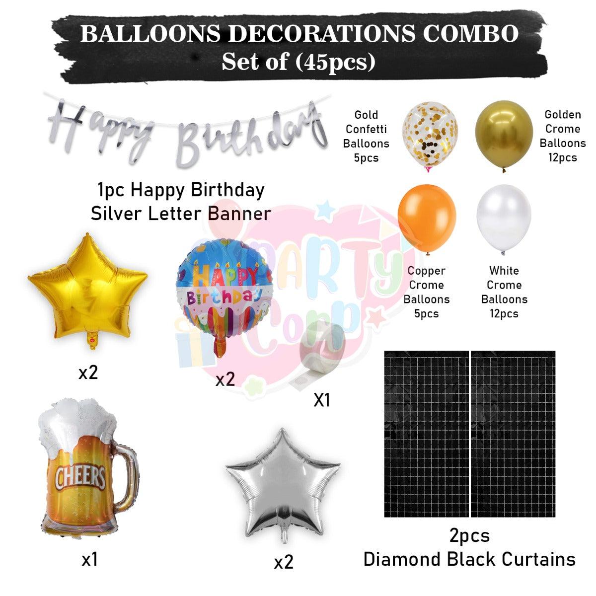 PartyCorp Happy Birthday Decoration Kit Combo 45 Pcs - Gold, Copper & White Chrome & Confetti Balloons, Silver Happy Birthday Banner, Black Curtain, Sliver Star Foil, Cheers Beer Mug Foil Balloons