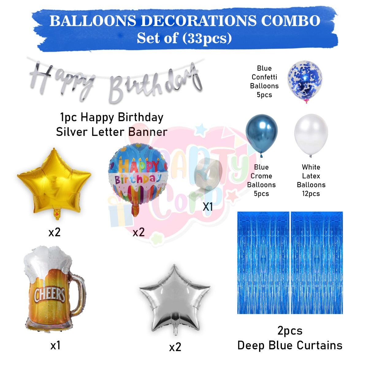 PartyCorp Happy Birthday Decoration Kit Combo 33 Pcs - Blue & White Chrome & Confetti Balloons, Silver Happy Birthday Banner, Blue Curtain, Silver Star Foil, Cheers Beer Mug Foil Balloons