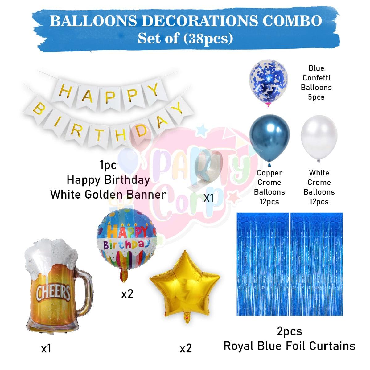 PartyCorp Happy Birthday Decoration Kit Combo 38 Pcs - Blue & White Chrome & Confetti Balloons, White & Gold Happy Birthday Banner, Blue Curtain, Cheers Beer Mug Foil Balloons