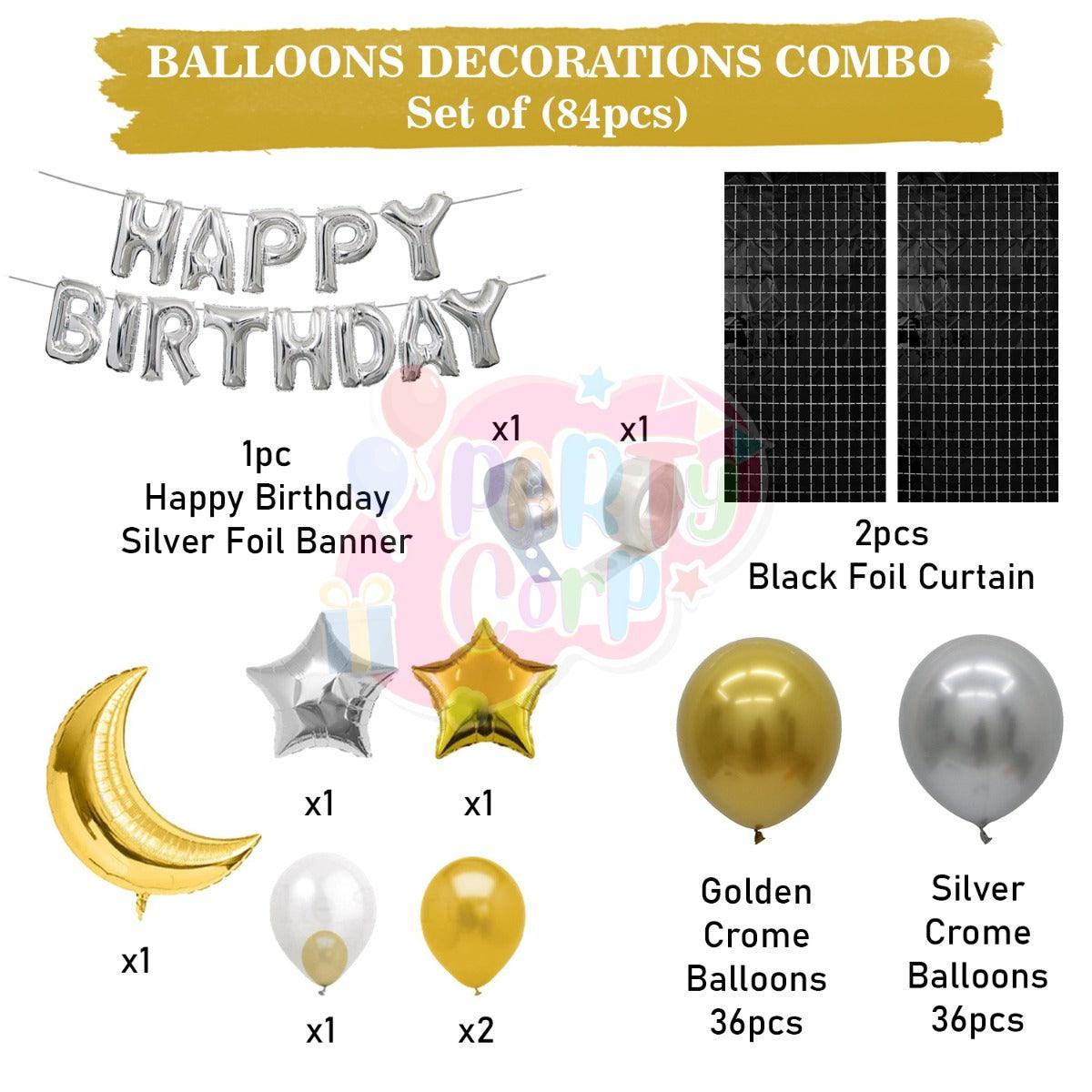 PartyCorp Happy Birthday Decoration Kit Combo 84 Pcs - Gold & Silver Chrome Balloons, Silver Happy Birthday Foil Banner, Black Curtain, Moon & Stars Foil Balloons