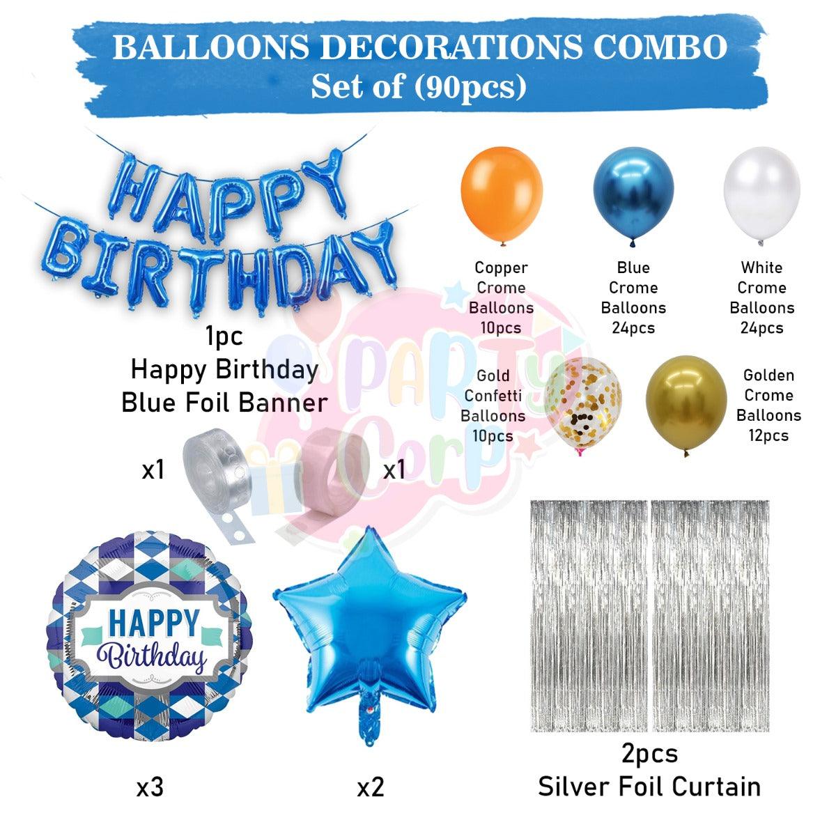 PartyCorp Happy Birthday Decoration Kit Combo 90 Pcs - Gold, Blue, White, Copper Chrome & Confetti Balloons, Blue Happy Birthday Banner, Silver Curtain, Blue Star & White Diamond Balloons