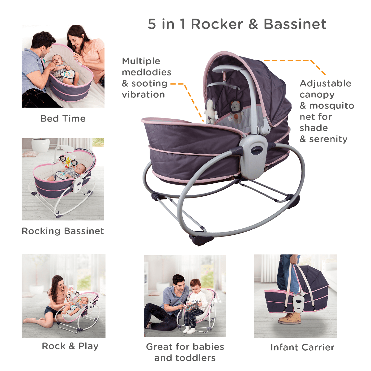 Mastela 5 In 1 Rocker & Bassinet Pink - For Ages 0-4 Years