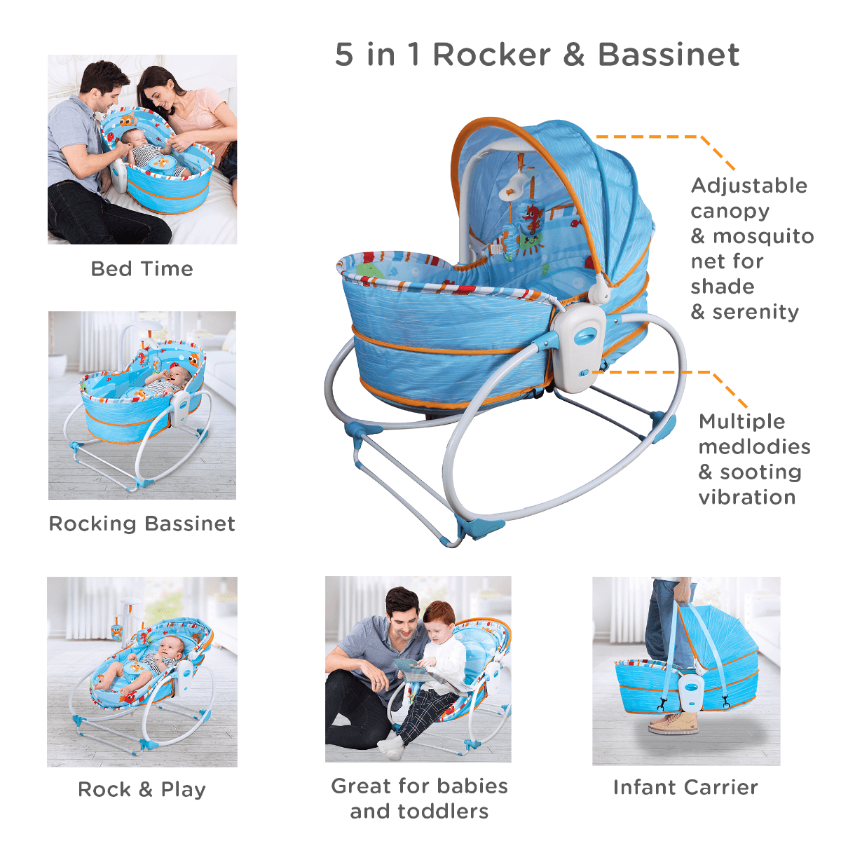 Mastela 5 In 1 Rocker & Bassinet Aqua - For Ages 0-4 Years