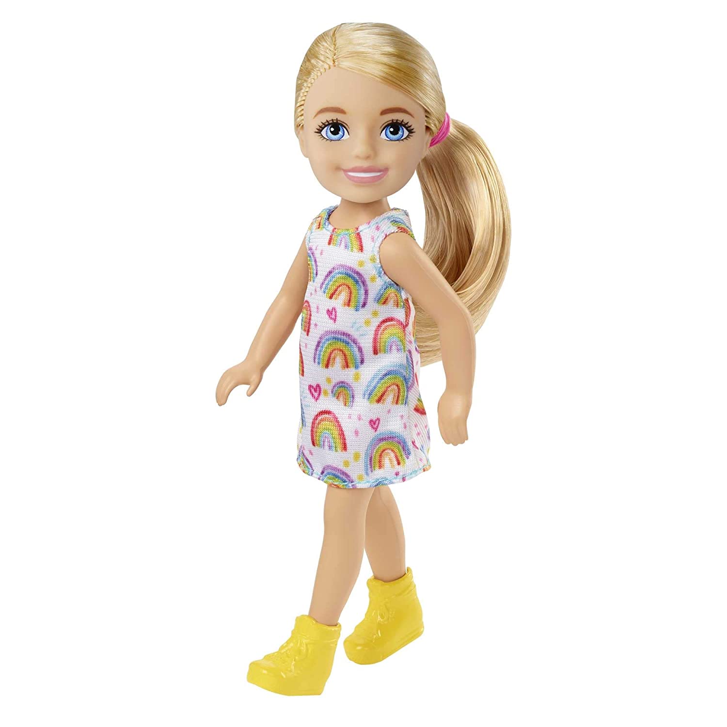 Barbie Chelsea 6 Inch Doll Blonde Hair Wearing Rainbow-Print Dress and Yellow Shoes for Kids Ages 3 Years Old & Up