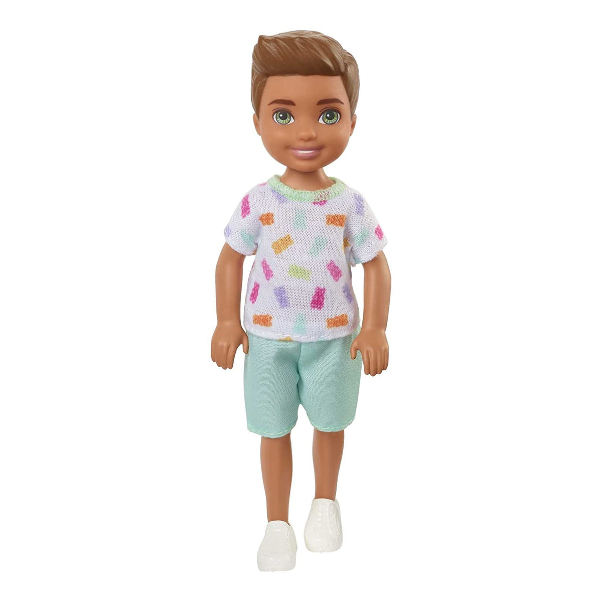 Barbie Chelsea 6 Inch Brunette Boy Doll Wearing Colorful Printed T-Shirt, Blue Shorts & White Shoes for Kids Ages 3 Years Old & Up