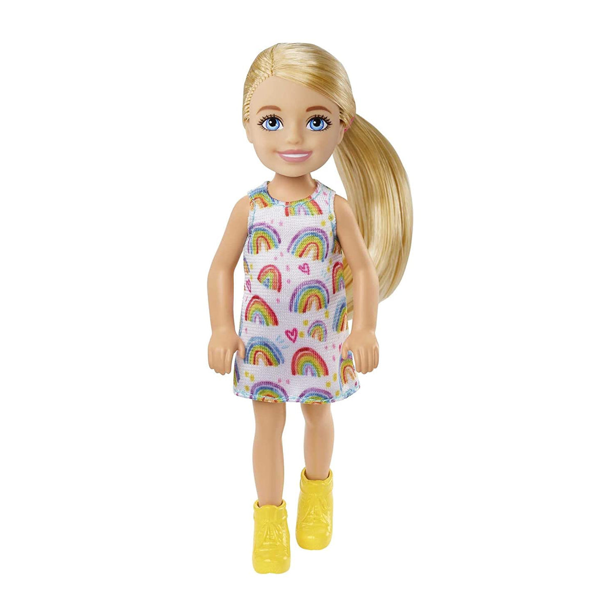 Barbie Chelsea 6 Inch Doll Blonde Hair Wearing Rainbow-Print Dress and Yellow Shoes for Kids Ages 3 Years Old & Up