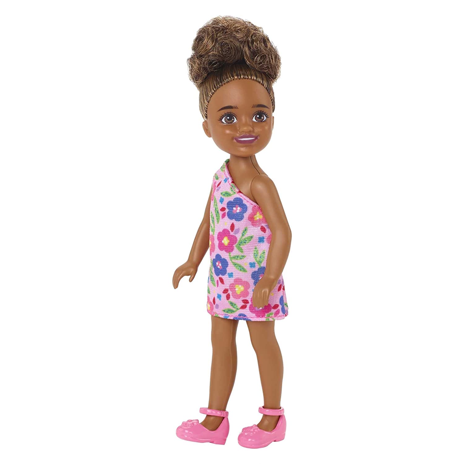 Barbie Chelsea 6 Inch Doll Brunette Curly Hair Wearing One-Shoulder Flower-Print Dress and Pink Shoes for Kids Ages 3 Years Old & Up