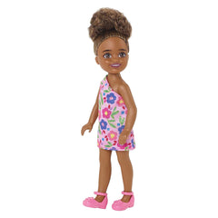 Barbie Chelsea 6 Inch Doll Brunette Curly Hair Wearing One-Shoulder Flower-Print Dress and Pink Shoes for Kids Ages 3 Years Old & Up