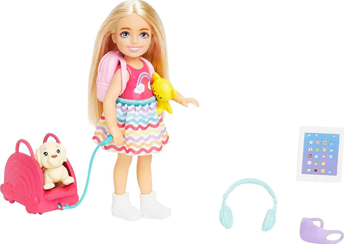 Barbie Chelsea Blonde Doll Travel Set Accessories with Puppy, Pet Carrier & Backpack for Kids Ages 3+