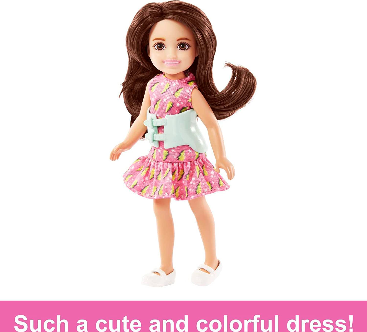 Barbie Chelsea 6 Inch Doll Brunette with Brace Wearing Pink Lightning Bolt Dress for Kids Ages 3 Years Old & Up