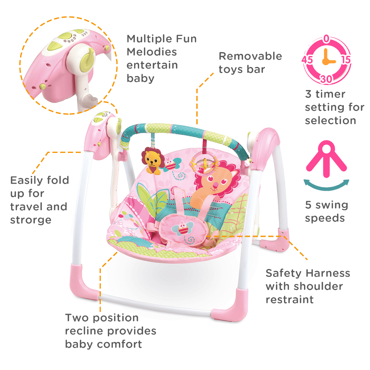 Mastela Deluxe Portable Swing Baby Pink - For Ages 0-2 Years