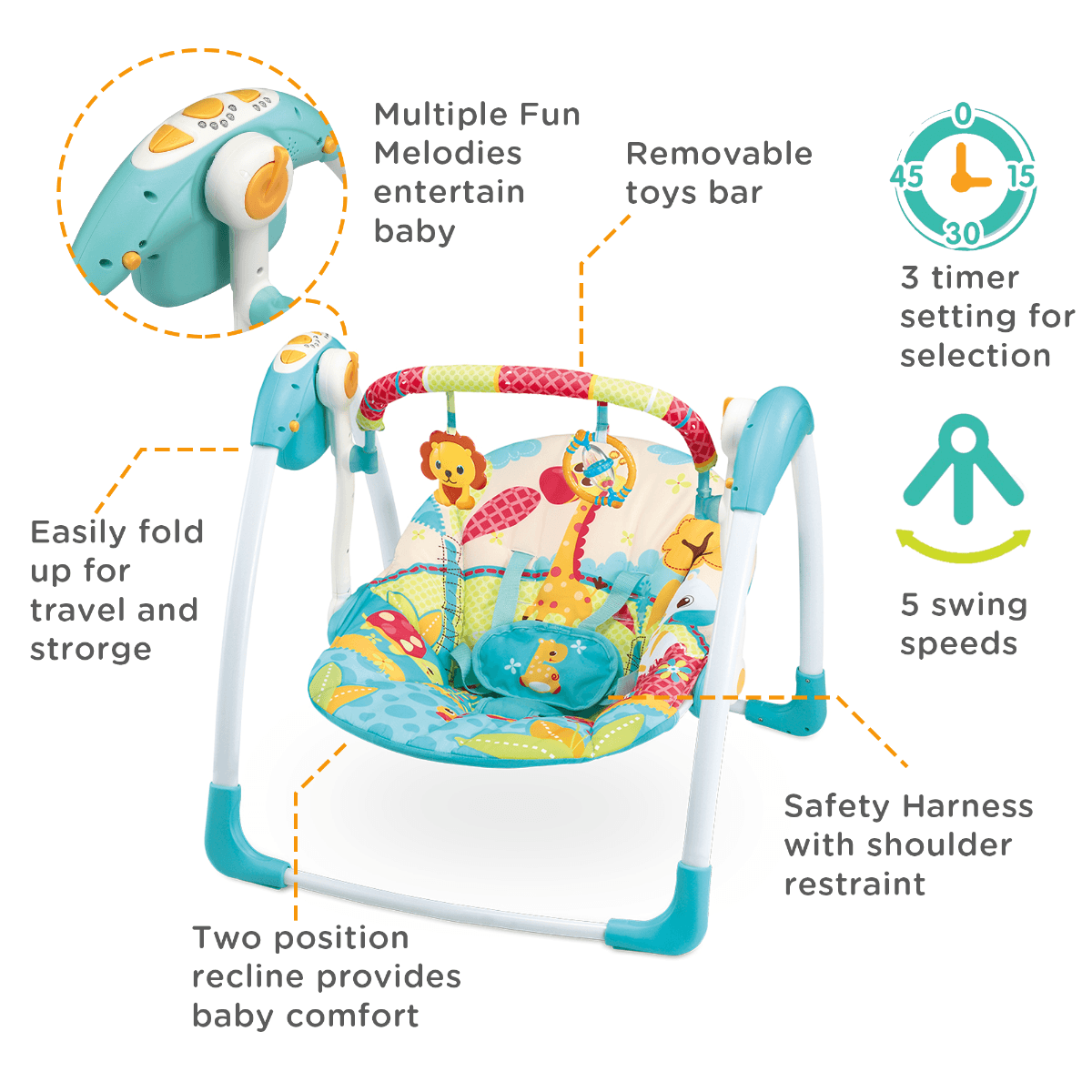 Mastela Deluxe Portable Swing Aqua - For Ages 0-2 Years