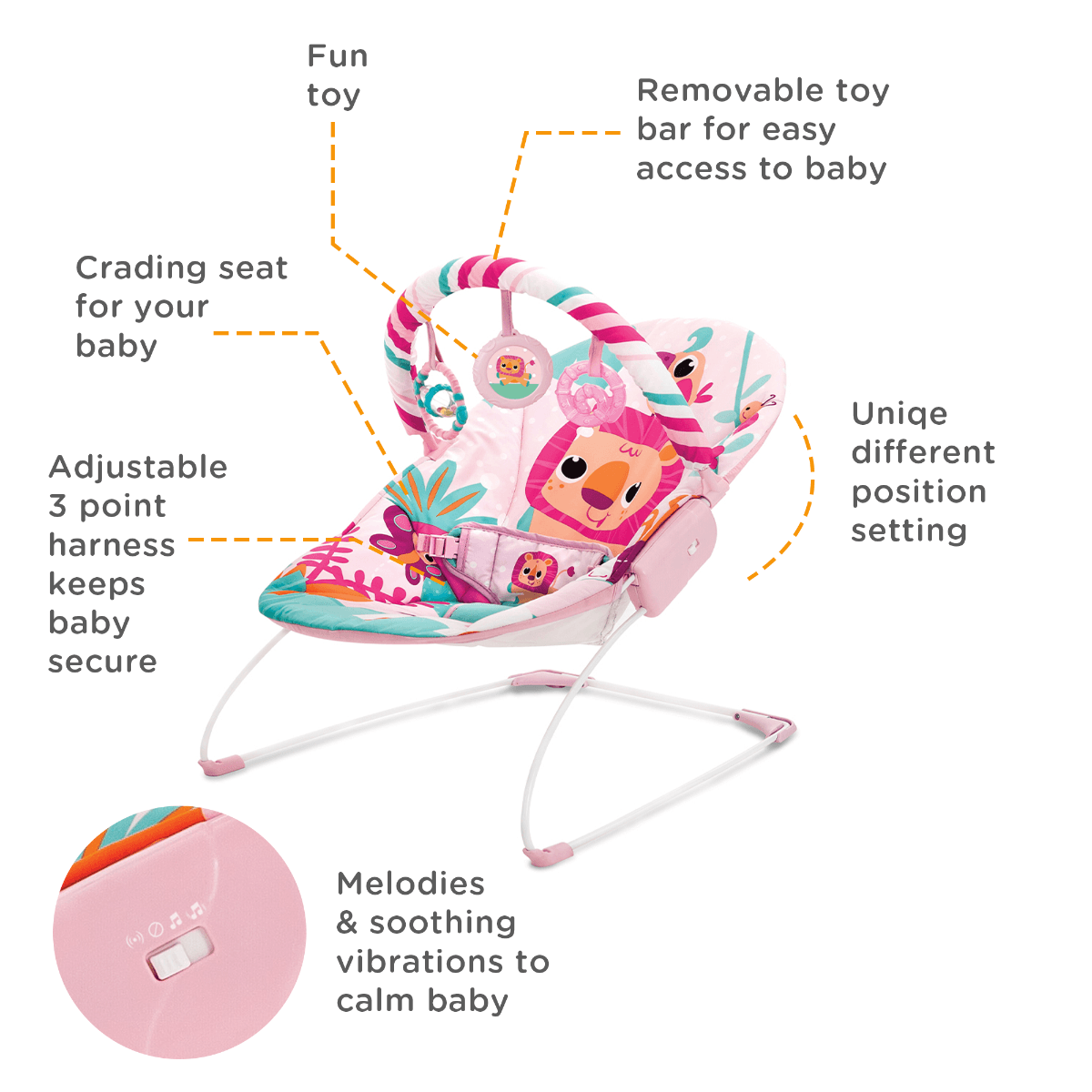 Mastela Music Vibrations Bouncer Baby Pink - For Ages 0-1 Years