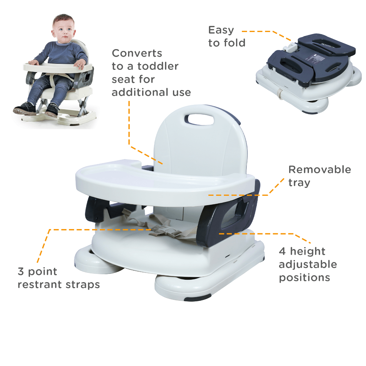 Mastela Fold Up Adjustable Chair Booster Seat Grey - For Ages 0-4 Years