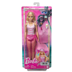 Barbie ​Blonde Doll with Pink and White Swimsuit, Sun Hat, Tote Bag and Beach-Themed Accessories